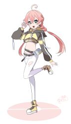 1girl absurdres ahoge bag belt blush brown_belt commentary_request cropped_jacket earrings full_body green_eyes highres jewelry looking_at_viewer navel nijisanji nintendo open_mouth pants parody pokemon red_hair shishido_akari shishido_akari_(1st_costume) shoes signature solo standing standing_on_one_leg style_parody sudasamo torn_clothes torn_pants virtual_youtuber white_background white_pants yellow_shoes