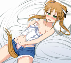 Rule 34 | 1girl, animal ears, bad id, bad pixiv id, bare shoulders, bed sheet, blush, breasts, brown hair, bustier, cosplay, dog days, dog ears, dog tail, female focus, female masturbation, green eyes, hair ribbon, hand in panties, kemonomimi mode, leonmitchelli galette des rois, leonmitchelli galette des rois (cosplay), long hair, lying, masturbation, nipple slip, nipples, on back, panties, pillow, pussy juice, pussy juice stain, rebecca anderson, ribbon, shorts, solo, tachihaya hiro, tail, tears, twintails, underwear, wet, wet clothes, wet panties