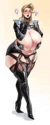 Rule 34 | 1girl, black footwear, blonde hair, blue eyes, blush, boots, breasts, cleavage, curvy, earrings, emma frost, full body, garter straps, gigantic breasts, heart, high heel boots, high heels, highres, huge breasts, jewelry, lipstick, looking at viewer, lulu95402099, makeup, marvel, navel, open mouth, original, solo, standing, steam, steaming body, sweat, thick thighs, thigh boots, thighhighs, thighs, wide hips