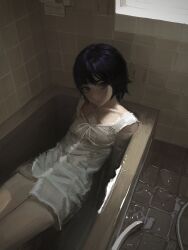 1girl bare_shoulders bath bathtub black_eyes black_hair brick_wall closed_mouth dark dress highres indoors looking_at_viewer original partially_submerged short_hair solo tile_floor tile_wall tiles whoisluvme