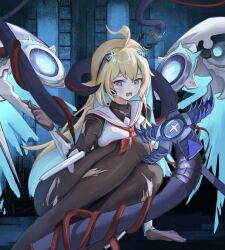 Rule 34 | 1girl, android, aqua hair, black bodysuit, blonde hair, blue eyes, bodysuit, colored inner hair, crying, detached wings, long hair, mechanical wings, multicolored hair, neckerchief, open mouth, ralmia (shadowverse), red neckerchief, sailor collar, shadowverse, solo, star-shaped pupils, star (symbol), symbol-shaped pupils, tears, torn bodysuit, torn clothes, two-tone hair, user wymn7858, white sailor collar, wings