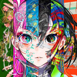 1girl black_eyes black_hair blue_eyes blue_hair braid commentary_request green_eyes green_hair hair_ornament headset highres long_hair looking_at_viewer mika_pikazo one_side_up original parted_lips pink_eyes pink_hair portrait red_hair solo upper_body x_hair_ornament