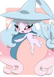 1girl absurdly_long_hair big_hair black_sclera blue_hair blue_hat blush border collarbone colored_sclera colored_skin female_focus flat_chest full_body gen_8_pokemon gradient_hair grey_skin half-closed_eyes happy hat hatterene kazamidoririnn leg_up long_hair looking_at_viewer multicolored_hair nintendo no_feet open_mouth outside_border parted_bangs pink_background pink_hair pokemon pokemon_(creature) prehensile_hair sidelocks simple_background smile solo star_(symbol) two-tone_hair v very_long_hair white_border white_eyes witch_hat
