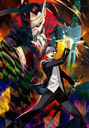 1boy clothed_robot glasses grey_hair holding holding_sword holding_weapon hungry_clicker izanagi_(persona_4) katana male_focus narukami_yu persona persona_(summon) persona_4 robot school_uniform shirt short_hair sword weapon yasogami_school_uniform