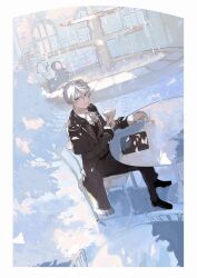 1boy 22kolink ascot black_coat black_jacket black_pants bow bowtie chair coat cup fountain grey_eyes hair_between_eyes highres holding holding_cup jacket long_sleeves looking_at_viewer male_focus original outdoors pants shirt short_hair sitting table white_ascot white_hair white_shirt