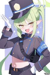 1girl absurdres black_jacket blue_archive dandan_(uaee4742) earrings fang gloves green_hair halo hand_on_own_hip hat highres jacket jewelry long_hair long_sleeves looking_at_viewer midriff navel nozomi_(blue_archive) open_mouth peaked_cap pointy_ears skin_fang solo white_gloves yellow_eyes