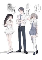 1boy 2girls :d arm_behind_head arm_up azumaya_haruka belt black_belt black_hair black_pants black_shoes bow breasts brown_eyes brown_hair clenched_teeth collared_shirt commentary_request dress fang frilled_dress frills grey_necktie grey_skirt hair_bow hair_rings highres hiizumi_rinne hot loafers long_sleeves low_ponytail medium_breasts multiple_girls necktie open_mouth pants pleated_skirt pointing ponytail sakura_no_sekai shadow shirt shoes short_sleeves simple_background skirt sleeveless sleeveless_dress smile sweat teeth thighhighs translation_request tsuruse twintails utsumi_sakura v-shaped_eyebrows watch white_background white_bow white_dress white_shirt white_shoes white_thighhighs wristwatch