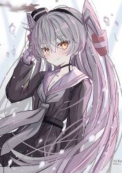 1girl absurdres amatsukaze_(kancolle) amatsukaze_kai_ni_(kancolle) arm_up belt dress grey_hair hair_tubes hairband highres hizaka kantai_collection long_hair looking_at_viewer necktie orange_eyes pleated_dress smile smoke solo twitter_username two_side_up very_long_hair