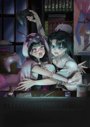 1boy 1girl absurdres blue_eyes bookshelf bottle breasts can controller cup_ramen drink_can fate/grand_order fate_(series) fujimaru_ritsuka_(male) game_controller glasses hanging_scroll highres holding holding_controller holding_game_controller large_breasts long_hair low_twintails miyamoto_musashi_(fate) monitor night osakabehime_(fate) pig pink_eyes pink_hood scared scroll tirigegegege twintails window
