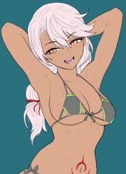 1girl absurdres aged_up alternate_breast_size armpits arms_behind_head bikini breasts chloe_von_einzbern chloe_von_einzbern_(swimsuit_avenger)_(second_ascension) cleavage fate/grand_order fate_(series) front-tie_bikini_top front-tie_top highres large_breasts looking_at_viewer navel oldmanjenkins84 open_mouth pink_hair side-tie_bikini_bottom solo stomach stomach_tattoo swimsuit tattoo yellow_eyes