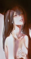 Rule 34 | 1girl, absurdres, breasts, chainsaw man, collarbone, covering breasts, covering privates, crying, crying with eyes open, facial scar, glowing scar, hair between eyes, heterochromia, highres, hyde (tabakko), long hair, looking at viewer, medium breasts, mitaka asa, nude, parted lips, scar, scar on cheek, scar on face, solo, tears, topless female, upper body, yoru (chainsaw man)