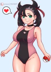 1girl :3 black_hair black_one-piece_swimsuit blue_background blush breasts choker collarbone crescent_print game_freak green_eyes hair_ribbon heart holding holding_poke_ball large_breasts long_hair looking_at_viewer marnie_(pokemon) misune_art nintendo one-piece_swimsuit poke_ball poke_ball_(basic) pokemon pokemon_swsh print_swimsuit red_ribbon ribbon smile speech_bubble spoken_heart standing swimsuit twintails