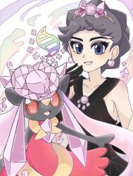 2girls alternate_color animal_ears bare_shoulders black_dress black_gloves black_hair black_skin blue_eyes blush brooch collarbone colored_sclera colored_skin diancie diantha_(pokemon) diantha_(sygna_suit)_(pokemon) dress earrings eyeshadow female_focus flat_chest gem gen_6_pokemon gloves hand_up happy jewelry jpeg_artifacts legendary_pokemon long_hair looking_at_viewer makeup mega_diancie mega_evolution mega_pokemon multiple_girls mythical_pokemon nintendo official_alternate_costume open_mouth pink_gemstone pink_hair pink_headwear pokemon pokemon_(creature) pokemon_masters_ex purple_eyeshadow red_dress red_eyes red_sclera shiny_pokemon short_hair sidelocks sleeveless sleeveless_dress smile standing suzu_(pixiv_32232702) swept_bangs tiara upper_body