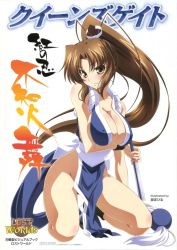Rule 34 | 1girl, alternate color, alternate costume, blush, breasts, brown hair, cleavage, fatal fury, female focus, highres, izumi mahiru, japanese clothes, jpeg artifacts, large breasts, long hair, pelvic curtain, ponytail, queen&#039;s blade, queen&#039;s gate, revealing clothes, shiranui mai, sideboob, snk, solo, the king of fighters