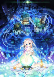 1girl bare_legs barefoot barrel blonde_hair blue_eyes blurry blush bokeh bow braid closed_mouth collarbone commentary_request crown_braid depth_of_field dress dungeon_core_no._695 eyebrows female_focus hair_bow hair_intakes hair_ribbon highres long_hair looking_at_viewer own_hands_together pink_bow ribbon rokuko sitting smile solo stairs wariza white_dress youta zettai_ni_hatarakitakunai_dungeon_master_ga_damin_wo_musaboru_made