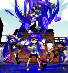 2boys 2girls ^_^ ^o^ bike_shorts blue_hair blue_sky brick_wall brown_eyes bucket closed_eyes controller dark_skin day e-liter_3k_(splatoon) expressionless fedora firing game_controller gamepad goggles goggles_on_head gun hat ink ink_tank_(splatoon) inkling inkling_boy inkling_girl inkling_player_character layered_sleeves logan_halloumi_(tamarinfrog) long_sleeves marian_camembert_(tamarinfrog) mile multiple_boys multiple_girls nintendo outdoors paint_roller purple_eyes rifle school_uniform shirt shoes short_over_long_sleeves short_sleeves signature sky sneakers sniper_rifle splat_roller_(splatoon) splatoon_(series) splatoon_1 standing super_soaker sweater t-shirt tamarinfrog tentacle_hair vadelma_lappi_(tamarinfrog) watermark weapon web_address whinter_castello_(tamarinfrog) yellow_eyes