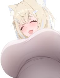 1girl :d absurdres animal_ear_fluff animal_ears backlighting bandaid bandaid_hair_ornament blonde_hair blush breasts closed_eyes dog_ears dog_girl fangs fuwawa_abyssgard hair_ornament hairclip highres hololive hololive_english large_breasts multicolored_hair open_mouth pov prab shirt simple_background skin_fangs smile solo streaked_hair virtual_youtuber white_background white_shirt