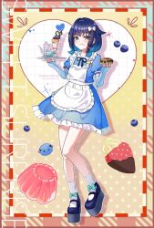 1girl apron black_shoes blue_eyes blue_hair blush bow character_name closed_mouth crepe cup donut food fruit full_body gradient_hair hair_bow hana_s holding holding_tray looking_at_viewer maid maid_apron multicolored_hair platform_shoes shoes socks solo strawberry tray tsumugi_kokage twitter_username virtual_youtuber vspo! white_socks