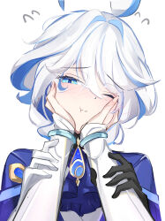 Rule 34 | 2girls, absurdres, ascot, black gloves, blue ascot, blue eyes, blue hair, blue shirt, blush, closed mouth, furina (genshin impact), genshin impact, gloves, hair between eyes, hands on another&#039;s face, highres, lumine (genshin impact), multicolored hair, multiple girls, one eye closed, pov, shirt, short hair, two-tone hair, voi 271, white gloves, white hair, white shirt