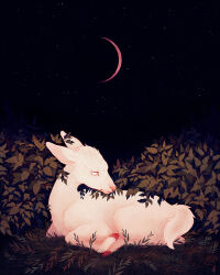 albino animal animal_focus blank_eyes bush closed_mouth commentary crescent_moon dappermouth deer english_commentary grass high_contrast highres horror_(theme) lying moon night night_sky no_humans no_pupils on_grass on_ground original outdoors pink_moon plant sky star_(sky) starry_sky white_eyes white_fur