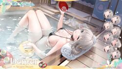 1girl artist_request azur_lane bikini bird black_bikini breasts character_name commentary copyright_name cup dango denver_(azur_lane) denver_(steam_dream)_(azur_lane) english_commentary food hair_intakes highres holding knees_up looking_at_viewer manjuu_(azur_lane) medium_breasts medium_hair multiple_expressions o-ring o-ring_bikini o-ring_top official_alternate_costume official_art one_eye_closed partially_submerged petals promotional_art second-party_source swimsuit tea thighs tongue tongue_out towel wagashi wooden_floor