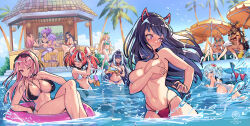 Rule 34 | 6+girls, ahoge, akuma nihmune, animal ears, ass, bandaid, bandaid on face, bandaid on nose, bikini, black bikini, black hair, black wings, blonde hair, blue eyes, blue hair, blush, body markings, breasts, brown hair, closed eyes, clothes theft, colored inner hair, commission, covering breasts, covering privates, day, demon horns, dragon girl, dragon tail, earrings, feather earrings, feathers, fiery ears, fins, fish tail, gawr gura, green bikini, hair ornament, hakos baelz, halterneck, happy ice cream team, head wings, heart, heart ahoge, heart tattoo, highres, holding, holding water gun, hololive, hololive english, horns, indie virtual youtuber, jewelry, large breasts, long hair, medium breasts, melody (projektmelody), mori calliope, multicolored hair, multiple girls, navel, nijisanji, nijisanji en, nose blush, o-ring, o-ring bikini, one eye closed, open mouth, orange hair, outdoors, palm tree, pink hair, pointy ears, pomu rainpuff, ponytail, pool, purple eyes, purple hair, purple wings, red eyes, scarle yonaguni, selen tatsuki, shark girl, shark tail, short hair, shylily, shylily (bikini), side-tie bikini bottom, sinder (vtuber), spiked belt, streaked hair, sunglasses, swimsuit, tail, tail belt, takanashi kiara, tattoo, theft, topless female, tree, triangle hair ornament, virtual youtuber, vshojo, water, water gun, white bikini, white hair, wings, wolf ears, wolf girl, wolf tail