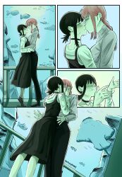 2girls absurdres aquarium arm_around_waist black_choker black_dress black_footwear black_hair black_skirt blush braid brown_footwear chainsaw_man choker closed_eyes commentary dress english_commentary eye_contact fish grey_sweater hand_on_another&#039;s_face hands_on_another&#039;s_waist higashiyama_kobeni highres kiss long_hair long_sleeves looking_at_another makima_(chainsaw_man) manta_ray multiple_girls orange_hair parted_lips pastepiphany pinafore_dress railing shirt single_braid skirt sleeveless sleeveless_dress sweat sweater tiptoes white_shirt yuri