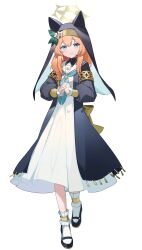 1girl animal_ear_headwear animal_ears black_shoes black_veil blue_archive blue_eyes blue_neckerchief bow braid cat_ears cat_girl commentary e_li_(77864296) fake_animal_ears flower frilled_sleeves frills full_body hair_flower hair_ornament hair_over_shoulder halo highres leaf_hair_ornament long_hair long_skirt long_sleeves mari_(blue_archive) mary_janes neckerchief nun orange_hair own_hands_together puffy_long_sleeves puffy_sleeves sailor_collar shoes simple_background single_braid skirt smile socks solo standing symbol-only_commentary trinity_general_school_logo turtleneck veil white_background white_flower white_sailor_collar white_socks yellow_bow yellow_halo