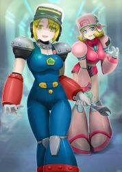 Rule 34 | 2girls, blonde hair, blue bodysuit, blue eyes, blurry, blurry background, bodysuit, breasts, dress, feet out of frame, full body, green eyes, highres, holding, holding wrench, kiwakiwa, medium breasts, mega man (series), mega man x: command mission, mega man x (series), multiple girls, pink dress, short hair, standing, wrench