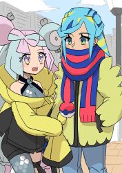 Rule 34 | 1boy, 1girl, absurdres, blue hair, grusha (pokemon), highres, iono (pokemon), multicolored hair, nintendo, pink hair, pokemon, pokemon sv, poyoxis, scarf, two-tone hair