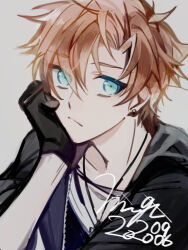 1boy :/ aqua_eyes black_gloves black_jacket brown_hair closed_mouth commentary dated earrings eyes_visible_through_hair gloves grey_background hair_between_eyes highres jacket jewelry male_focus matsunaka_hiro original shirt short_hair signature simple_background solo stud_earrings upper_body white_shirt