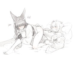 2girls animal_ears barefoot blush bottomless breasts feet fox_ears fox_girl heavy_breathing hoshimi_miyabi knee_up long_hair lying maiqo multiple_girls on_back open_mouth pillow toes tsukishiro_yanagi yuri zenless_zone_zero