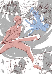 Rule 34 | 2boys, 4girls, baseball bat, beret, boots, closed mouth, collared shirt, dress, fighting stance, furude rika, grin, hair between eyes, hat, highres, higurashi no naku koro ni, holding, holding baseball bat, houjou satoko, knife, lace-up boots, long hair, maebara keiichi, mahcdai, monochrome, multiple boys, multiple girls, nata (tool), necktie, ooishi kuraudo, pants, ryuuguu rena, school uniform, serious, shirt, short hair, short sleeves, smile, sonozaki mion, thighhighs, weapon