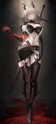 1girl absurdres arm_belt artist_name axylon black_bra black_horns black_skirt black_thighhighs blood blood_on_face bra breasts check_clothing clothing_request commentary commission english_commentary full_body hair_between_eyes heart_(organ) highres holding_heart_(organ) horns large_breasts looking_at_viewer original parted_lips skirt smile solo stomach sword sword_on_back thighhighs thighs underwear weapon weapon_on_back yellow_eyes