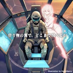 1boy 1girl armored_core armored_core_vi:_fires_of_rubicon artist_name ayre_(armored_core_vi) barefoot berrykanry braid brown_eyes brown_hair brown_helmet brown_jumpsuit character_request closed_mouth cloud commentary_request dress hair_between_eyes helm helmet highres jumpsuit pilot pilot_suit sitting smile translation_request twin_braids