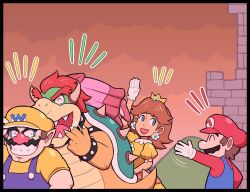 2girls 3boys ayyk92 bowser brooch brown_hair castle closed_eyes crown earrings facial_hair fat fat_man flower_brooch flower_earrings gloves grin hat jewelry kidnapped looking_at_another mario mario_(series) multiple_boys multiple_girls mustache nintendo open_mouth over_shoulder overalls princess_daisy princess_peach red_eyes red_hair smile spikes wario waving