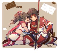 armor brown_hair crop_top fermium.ice hair_ornament headband japanese_clothes kneeling kunoichi_(sengoku_musou) polearm ponytail sanada_yukimura_(sengoku_musou) scarf sengoku_musou shorts sitting smile spear weapon whispering