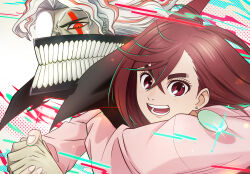 1boy 1girl arm_around_neck ayase_momo brown_eyes brown_hair carrying colored_skin commentary_request dandadan earrings facial_mark floating_earrings glasses glint grey_skin hair_between_eyes highres holding_hands jewelry kami_high_school_uniform long_sleeves looking_at_viewer mask mouth_mask open_mouth piggyback pink_sweater red_eyes round_eyewear school_uniform sweater takakura_ken_(dandadan) takakura_ken_(transformed)_(dandadan) thick_eyebrows transformation upper_body white_hair yuuri_(fukuroudou)