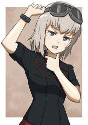Rule 34 | 1girl, absurdres, arm up, black jacket, blue eyes, commentary, dress shirt, frown, girls und panzer, goggles, goggles on head, grey hair, haldeco, hand on own neck, highres, insignia, itsumi erika, jacket, kuromorimine military uniform, long sleeves, looking at viewer, medium hair, military uniform, open mouth, red shirt, shirt, solo, throat microphone, upper body, watch, wing collar, wristwatch
