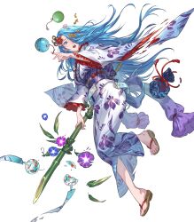 1girl alternate_costume bamboo blue_eyes blue_hair feet female_focus fire_emblem fire_emblem:_path_of_radiance fire_emblem_heroes hair_over_one_eye highres japanese_clothes kimono long_hair lucia_(fire_emblem) lucia_(yukata)_(fire_emblem) matching_hair/eyes nintendo non-web_source official_alternate_costume official_art open_mouth sandals solo suzuki_rika toes torn_clothes torn_kimono yukata