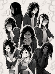 1boy anger_vein angry artist_self-insert bags_under_eyes bowl chopsticks cold commentary eating empty_eyes feminine flying_sweatdrops food glasses greyscale hand_on_own_head headache highres hood hoodie messy_hair monochrome mood_swing nausea niio_(niiochi) niio_(niiochi)_(person) original ponytail shaded_face symbol-only_commentary trembling