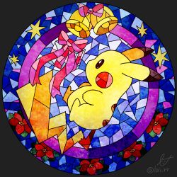 Rule 34 | bell, black eyes, bow, bright pupils, commentary request, flower, from side, full body, gen 1 pokemon, gift, lai (pixiv1814979), lowres, nintendo, no humans, pikachu, poinsettia, pokemon, pokemon (creature), red flower, signature, solo, sparkle, stained glass, white pupils