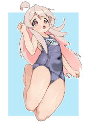 1girl absurdres ahoge aqua_background araimelon barefoot breasts brown_eyes commentary english_commentary full_body grey_one-piece_swimsuit highres long_hair looking_at_viewer name_tag old_school_swimsuit one-piece_swimsuit onii-chan_wa_oshimai! oyama_mahiro pink_hair school_swimsuit small_breasts solo swimsuit two-tone_background