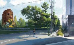 Rule 34 | 1girl, backpack, bag, cable, car, cloud, day, house, motor vehicle, original, painting (medium), power lines, road, shadow, slow d, solo, sunlight, traditional media, tree, utility pole
