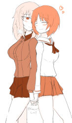 Rule 34 | 2girls, :3, absurdres, blush, breasts, closed mouth, cube (huidama), girls und panzer, highres, holding hands, itsumi erika, kuromorimine military uniform, large breasts, looking at another, medium breasts, military uniform, multiple girls, nishizumi miho, ooarai school uniform, school uniform, smile, yuri