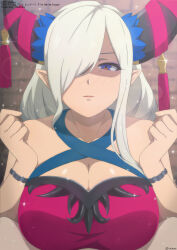 1boy 1girl asymmetrical_horns bare_shoulders bikini breasts cleavage dark-skinned_female dark_skin dragon_girl expressionless fire_emblem fire_emblem_engage grey_horns hair_ornament hair_over_one_eye highres horns imminent_paizuri large_breasts long_hair looking_at_viewer mature_female nintendo pointy_ears pov pov_crotch purple_bikini purple_eyes purple_ribbon ribbon shaded_face solo_focus swimsuit tak0baka tassel tassel_hair_ornament uneven_horns white_hair wristband zephia_(fire_emblem)