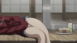 1girl animated animated_gif anime_screenshot between_legs black_eyes black_hair breasts collarbone food hand_between_legs hand_between_thighs hands_between_legs jacket juice_box looking_at_viewer lying muffin on_side red_jacket short_hair shorts smile solo sword_art_online thighs third-party_edit wooden_floor