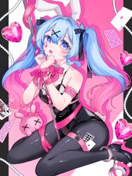 1girl ace_(playing_card) ace_of_hearts aqua_eyes aqua_hair black_leotard blush bound breasts bunny_(vocaloid) card cuffs detached_collar fishnet_thighhighs fishnets hair_between_eyes hair_ornament handcuffs hatsune_miku heart heart-shaped_pupils high_heels highres leotard long_hair looking_at_viewer medium_breasts o-ring o-ring_thigh_strap open_mouth pink_ribbon playboy_bunny playing_card pole queen_(playing_card) queen_of_clubs rabbit_hole_(vocaloid) rabbit_tail ribbon shiina_(user_ecjx4545) sitting solo symbol-shaped_pupils tail thigh_strap thighhighs twintails vocaloid wariza wrist_ribbon