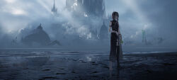 1girl :| arm_at_side arm_strap asteroid_ill asymmetrical_legwear barefoot black_dress black_thighhighs bridge closed_mouth cloud cloudy_sky dome dress expressionless flower full_body garter_straps grey_eyes grey_hair highres holding holding_flower kanaut_nishe landscape light_rays long_bangs looking_at_viewer medium_hair original post-apocalypse ruins scenery side_slit sidelocks single_thighhigh sky sleeveless sleeveless_dress solo spire standing thighhighs tower virtual_youtuber