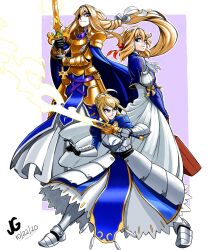 2020 3girls ahoge alice_zuberg alternate_eye_color armor armored_boots armored_dress artoria_pendragon_(fate) blonde_hair blue_cape blue_dress blue_eyes boots cape color_connection crossover dated dress energy excalibur_(fate/stay_night) fate/stay_night fate_(series) female_focus gauntlets glowing glowing_sword glowing_weapon gold_armor hair_color_connection highres holding holding_sword holding_weapon jgeorgedrawz knight long_hair looking_at_another magic monochrome multiple_girls osmanthus_blade saber_(fate) shoulder_armor signature simple_background standing suitcase sword sword_art_online sword_art_online:_alicization trait_connection very_long_hair violet_evergarden violet_evergarden_(series) weapon